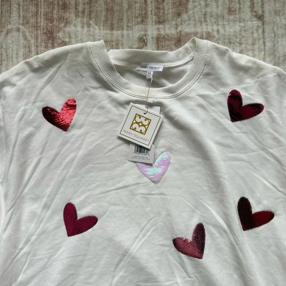Mary Square XL Sequin Heart Sweatshirt Cream Valentine NWT Oversized - Picture 3 of 5